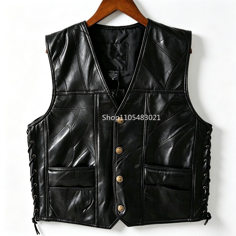 Motorcycle Gear Vest - Erkek Siyah Patchwork Deri Biker Yeleği,
